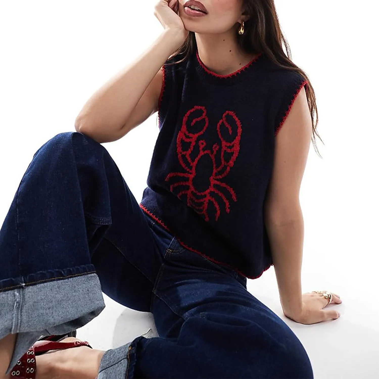 Lobster Print Knit Sweater for Women Y2K Short Sleeve Button Down Vintage Shirts Vest Summer Chunky Crop Cardigan