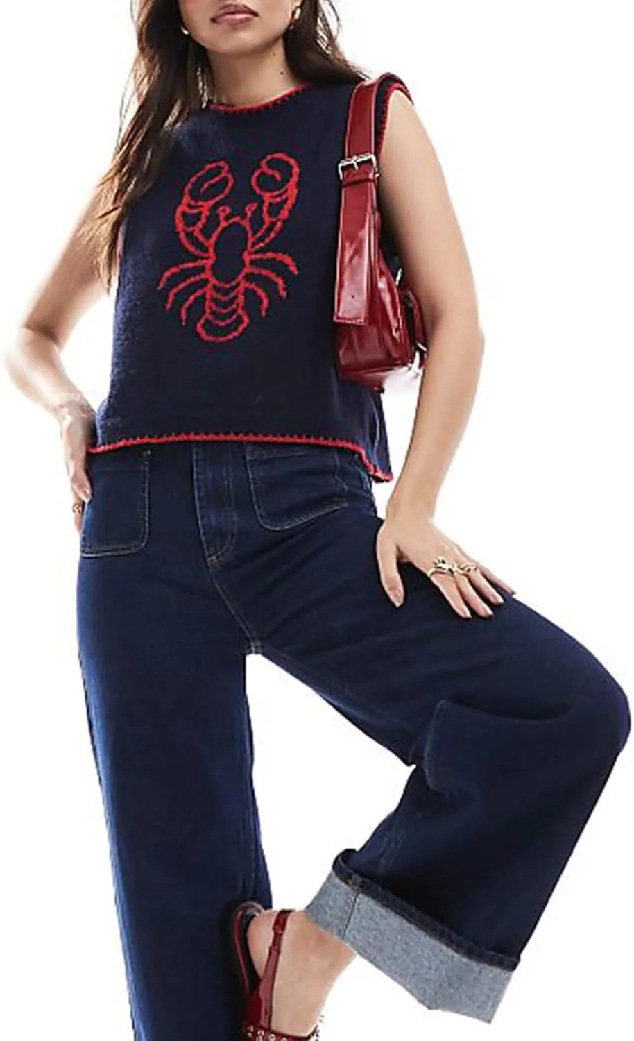 Lobster Print Knit Sweater for Women Y2K Short Sleeve Button Down Vintage Shirts Vest Summer Chunky Crop Cardigan