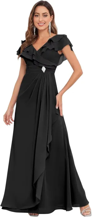 Long Chiffon Mother of The Bride Dresses for Wedding A Line V Neck Ruffle Formal Evening Dress with Sleeves