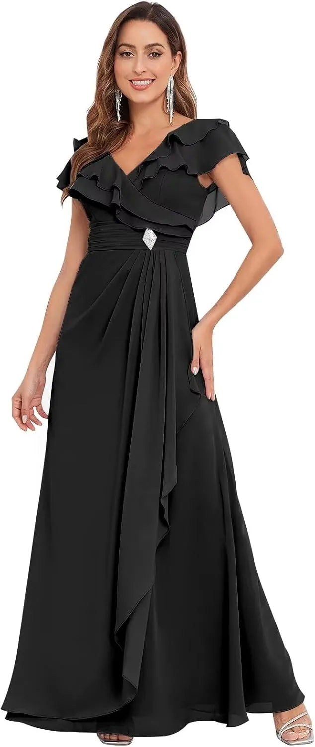 Long Chiffon Mother of The Bride Dresses for Wedding A Line V Neck Ruffle Formal Evening Dress with Sleeves