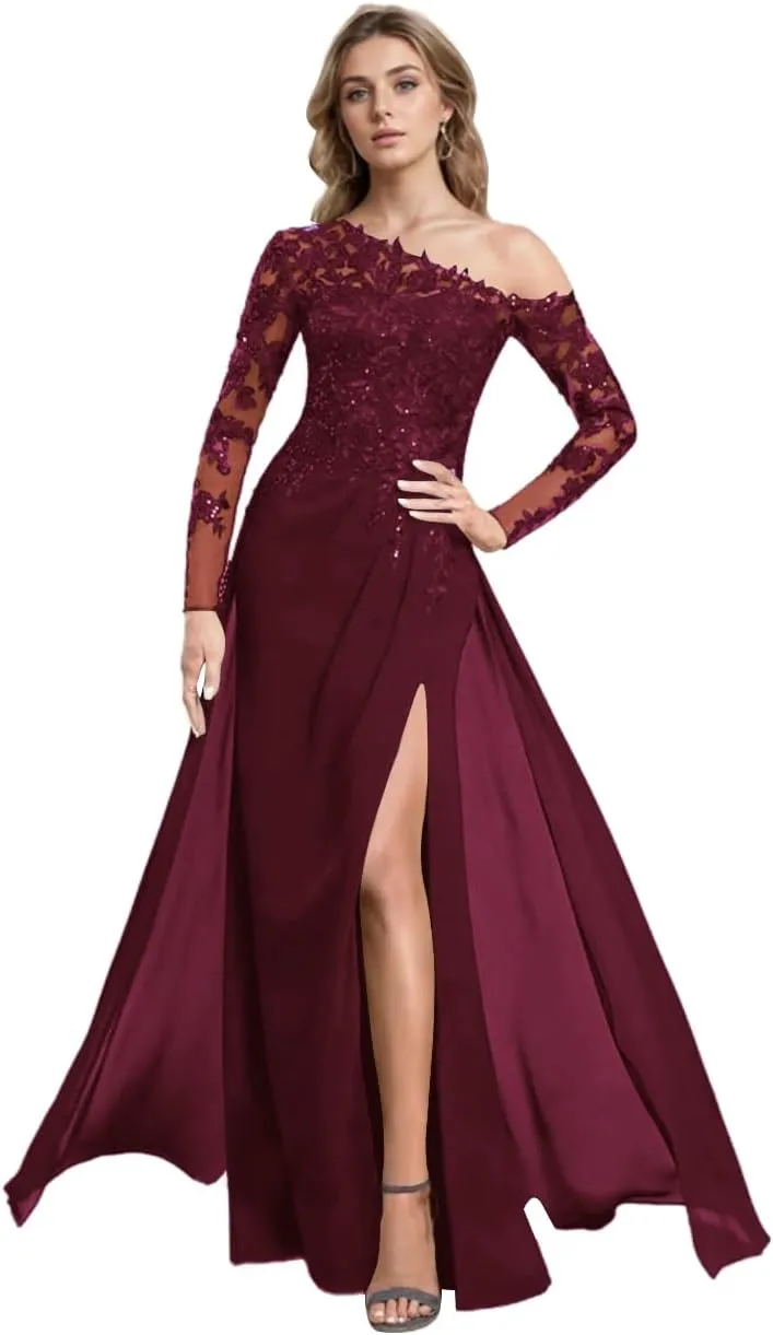Long Sleeve Chiffon Mother of The Bride Dresses for Wedding Lace Applique Bead Mother of The Groom Dress with Slit