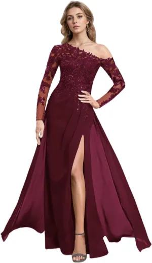 Long Sleeve Chiffon Mother of The Bride Dresses for Wedding Lace Applique Bead Mother of The Groom Dress with Slit
