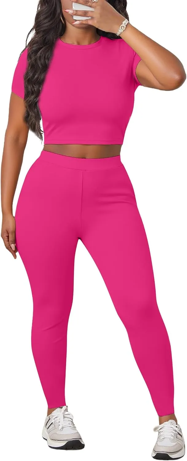 LovelyWholesale Women Summer 2 Piece Outfits Short Sleeve Crop Top and Leggings Workout Sets