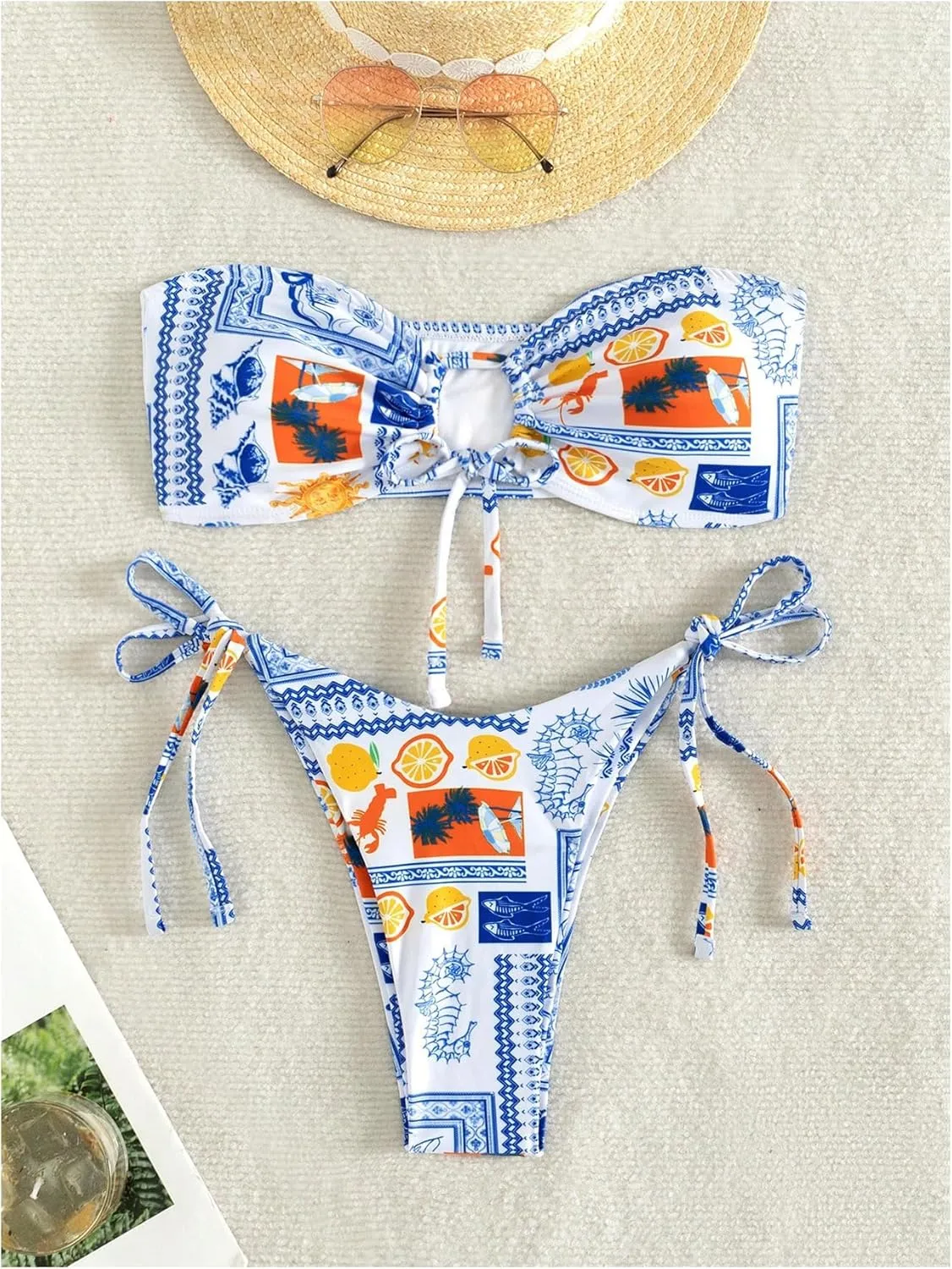 MakeMeChic Women's 2 Piece Bandeau Swimsuit Floral Cut Out Bikini Set Strapless Bathing Suits