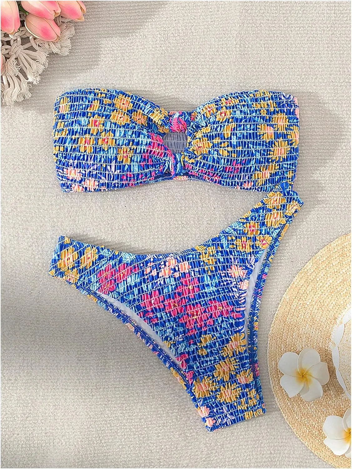 MakeMeChic Women's 2 Piece Bandeau Swimsuit Floral Cut Out Bikini Set Strapless Bathing Suits