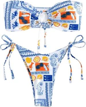 MakeMeChic Women's 2 Piece Bandeau Swimsuit Floral Cut Out Bikini Set Strapless Bathing Suits