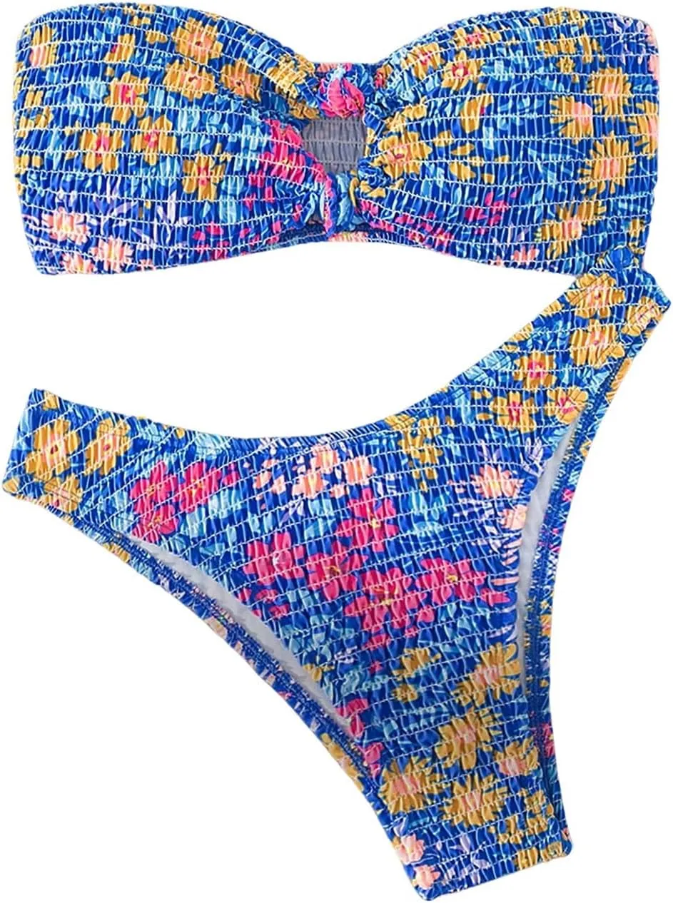MakeMeChic Women's 2 Piece Bandeau Swimsuit Floral Cut Out Bikini Set Strapless Bathing Suits
