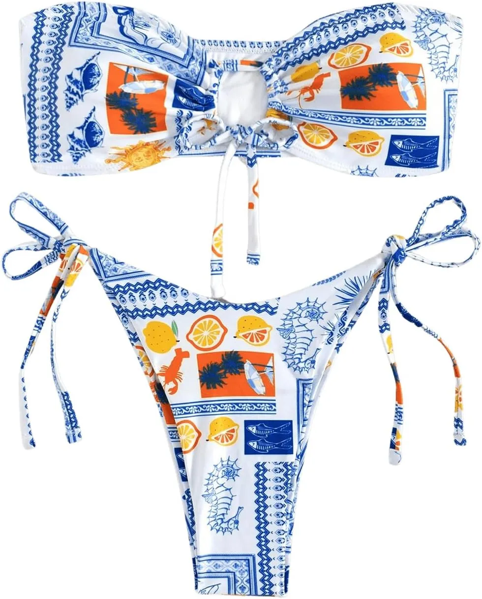 MakeMeChic Women's 2 Piece Bandeau Swimsuit Floral Cut Out Bikini Set Strapless Bathing Suits