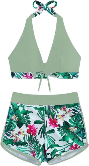 MakeMeChic Women's Halter Top Floral Swim Shorts Bikini Set 2 Piece Swimsuit Bathing Suit