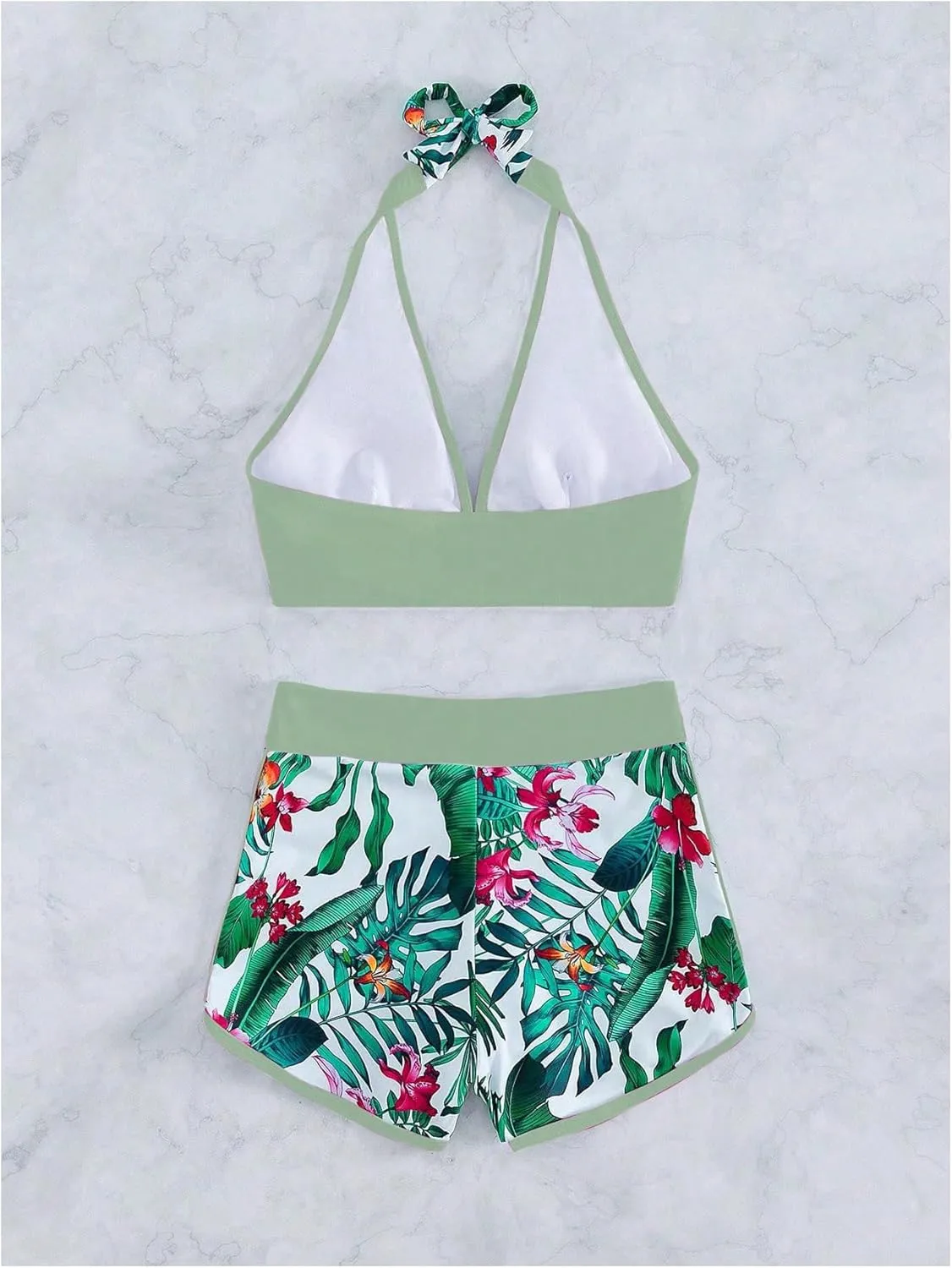 MakeMeChic Women's Halter Top Floral Swim Shorts Bikini Set 2 Piece Swimsuit Bathing Suit
