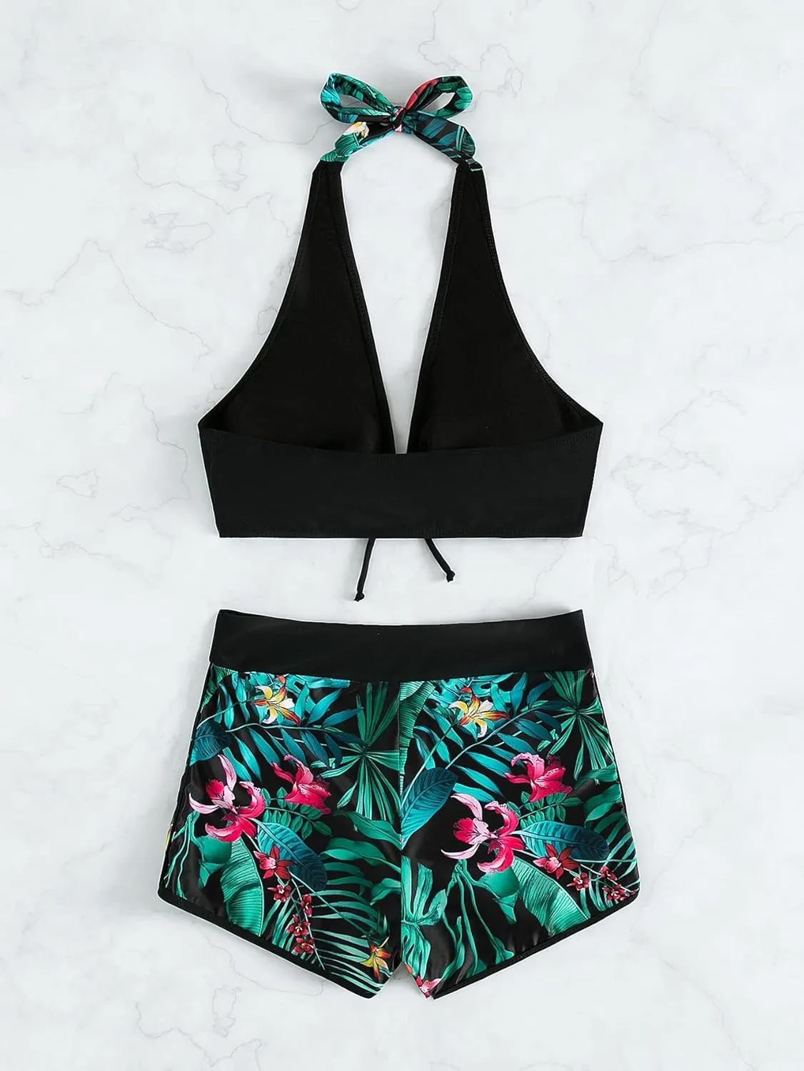 MakeMeChic Women's Halter Top Floral Swim Shorts Bikini Set 2 Piece Swimsuit Bathing Suit