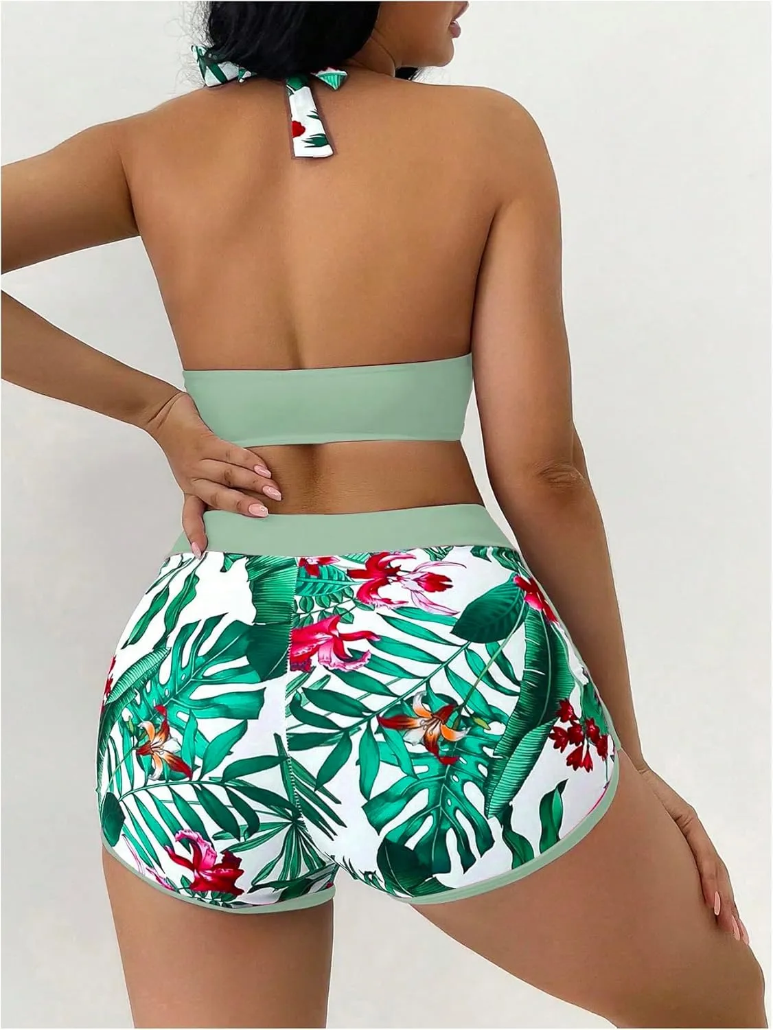 MakeMeChic Women's Halter Top Floral Swim Shorts Bikini Set 2 Piece Swimsuit Bathing Suit