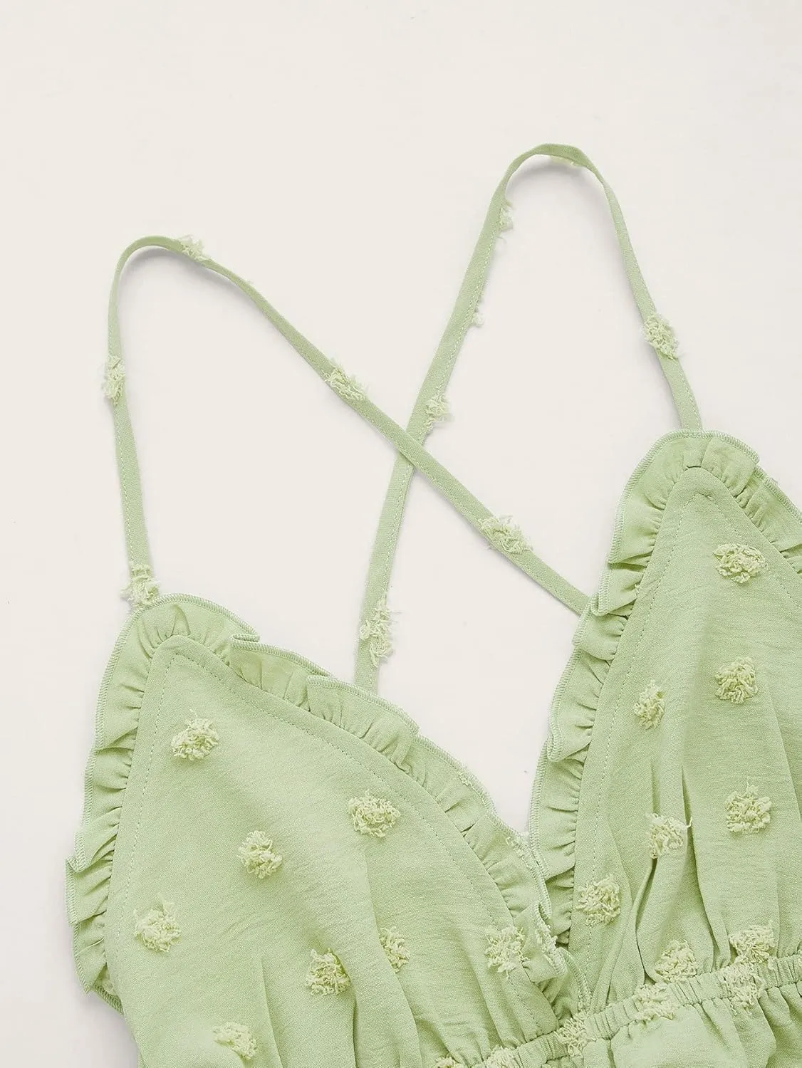 MakeMeChic Women's Swiss Dots Frill V Neck Camisole Criss Cross Ruffle Peplum Crop Cami Top