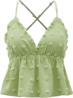 MakeMeChic Women's Swiss Dots Frill V Neck Camisole Criss Cross Ruffle Peplum Crop Cami Top