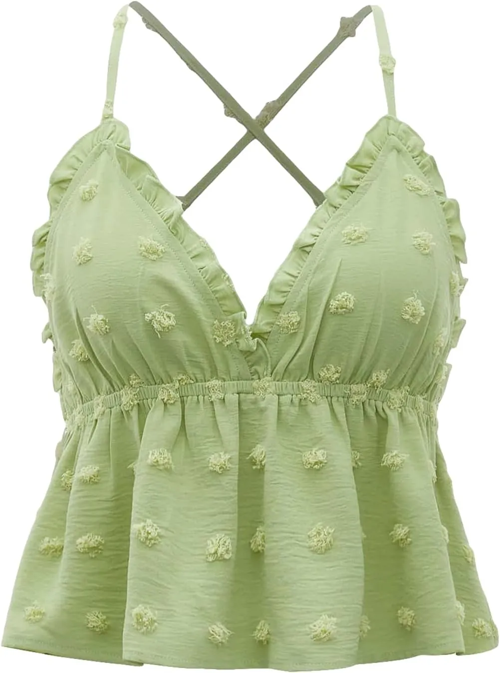 MakeMeChic Women's Swiss Dots Frill V Neck Camisole Criss Cross Ruffle Peplum Crop Cami Top