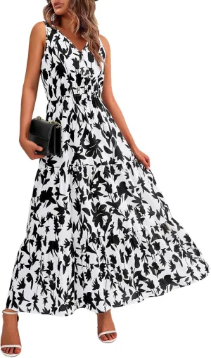 Maxi Dress for Women 2025 Summer Dresses Casual Sleeveless Beach Dresses Vacation Ruffle Wrap V Neck Party Dress