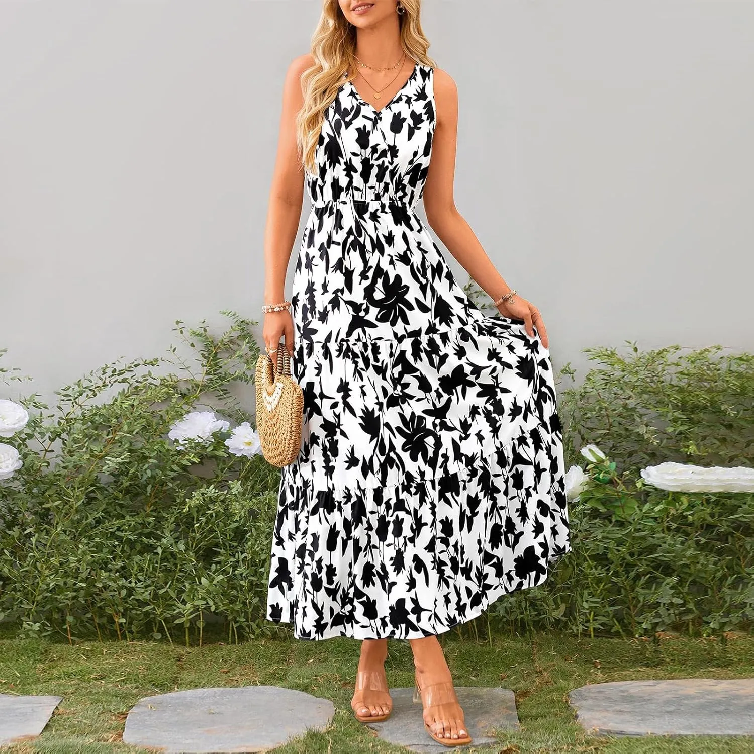 Maxi Dress for Women 2025 Summer Dresses Casual Sleeveless Beach Dresses Vacation Ruffle Wrap V Neck Party Dress