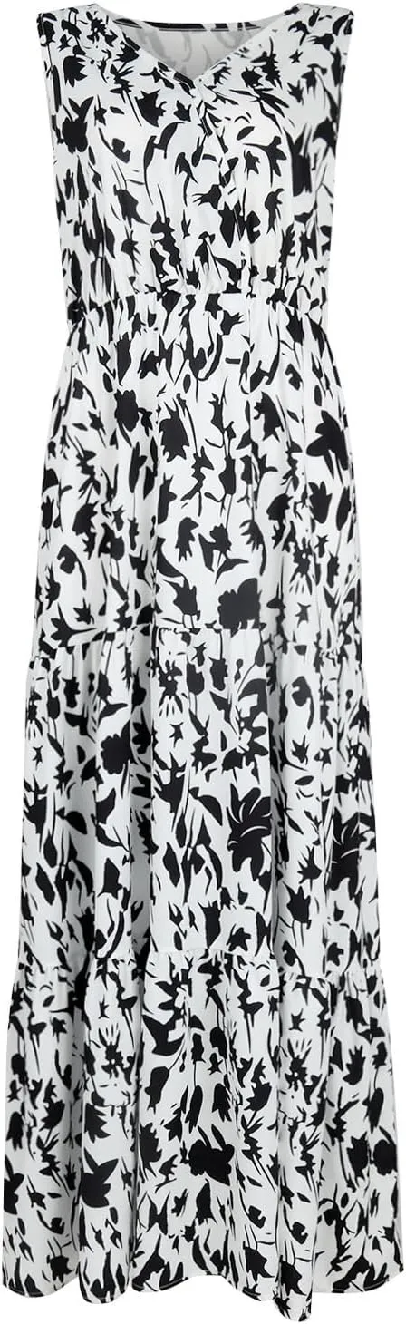 Maxi Dress for Women 2025 Summer Dresses Casual Sleeveless Beach Dresses Vacation Ruffle Wrap V Neck Party Dress