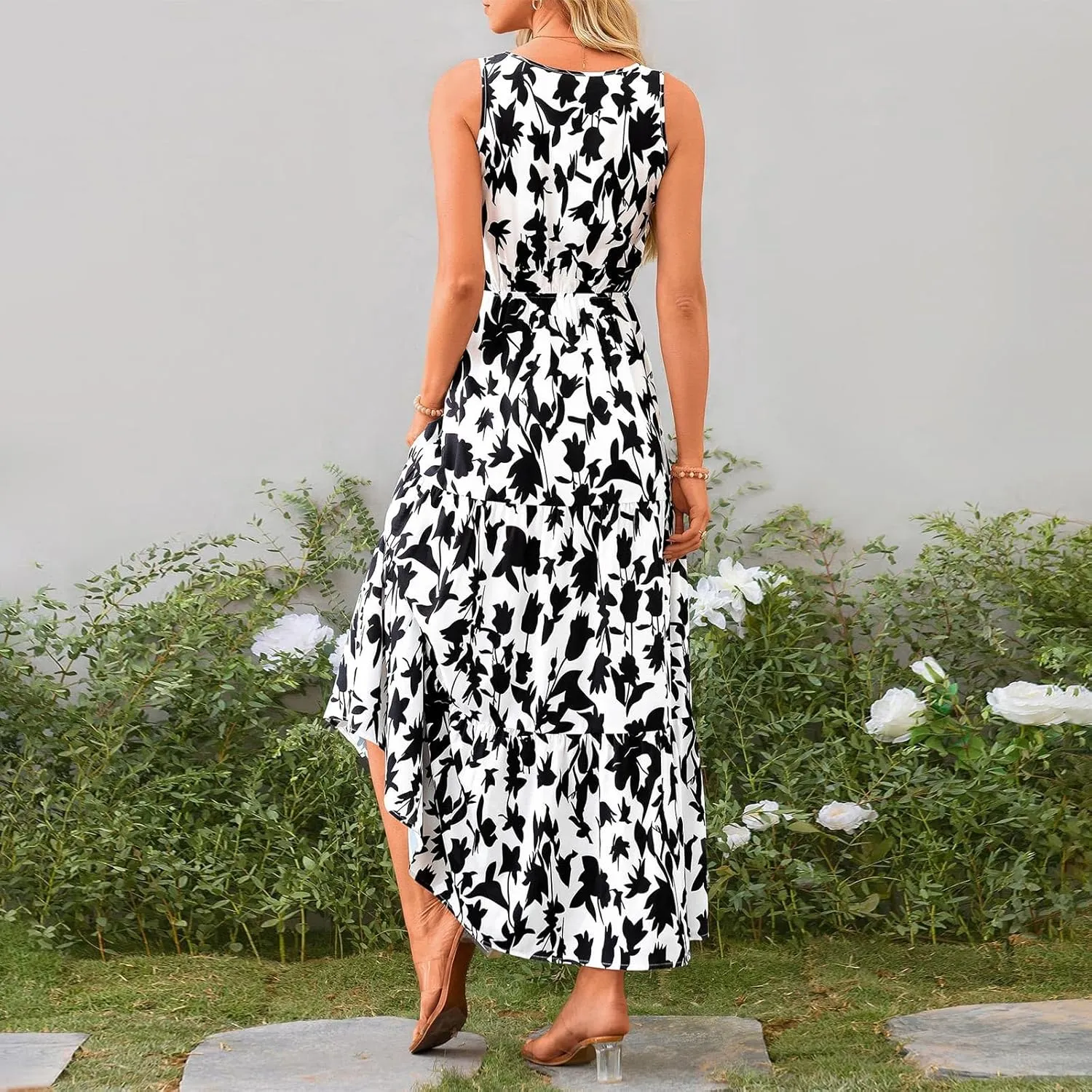 Maxi Dress for Women 2025 Summer Dresses Casual Sleeveless Beach Dresses Vacation Ruffle Wrap V Neck Party Dress