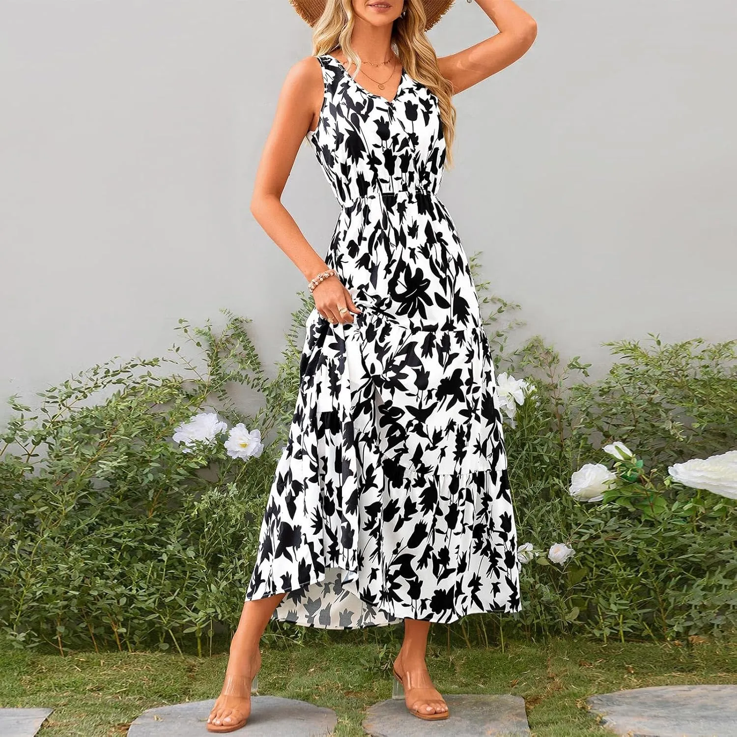 Maxi Dress for Women 2025 Summer Dresses Casual Sleeveless Beach Dresses Vacation Ruffle Wrap V Neck Party Dress