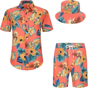 MCEDAR Men's Hawaiian Shirt and Short 2 Piece Vacation Outfits Sets Casual Button Down Beach Floral Suits with Bucket Hats