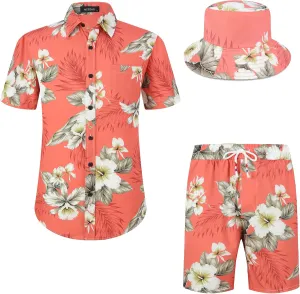 MCEDAR Men's Hawaiian Shirt and Short 2 Piece Vacation Outfits Sets Casual Button Down Beach Floral Suits with Bucket Hats