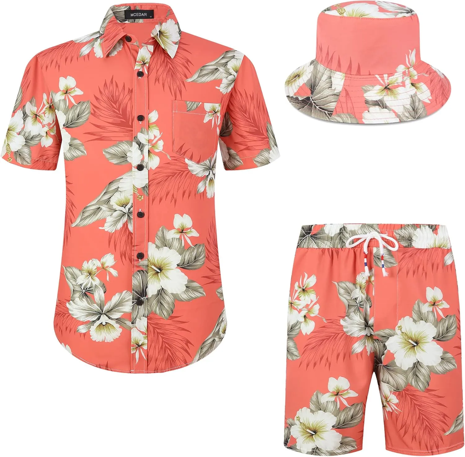 MCEDAR Men's Hawaiian Shirt and Short 2 Piece Vacation Outfits Sets Casual Button Down Beach Floral Suits with Bucket Hats
