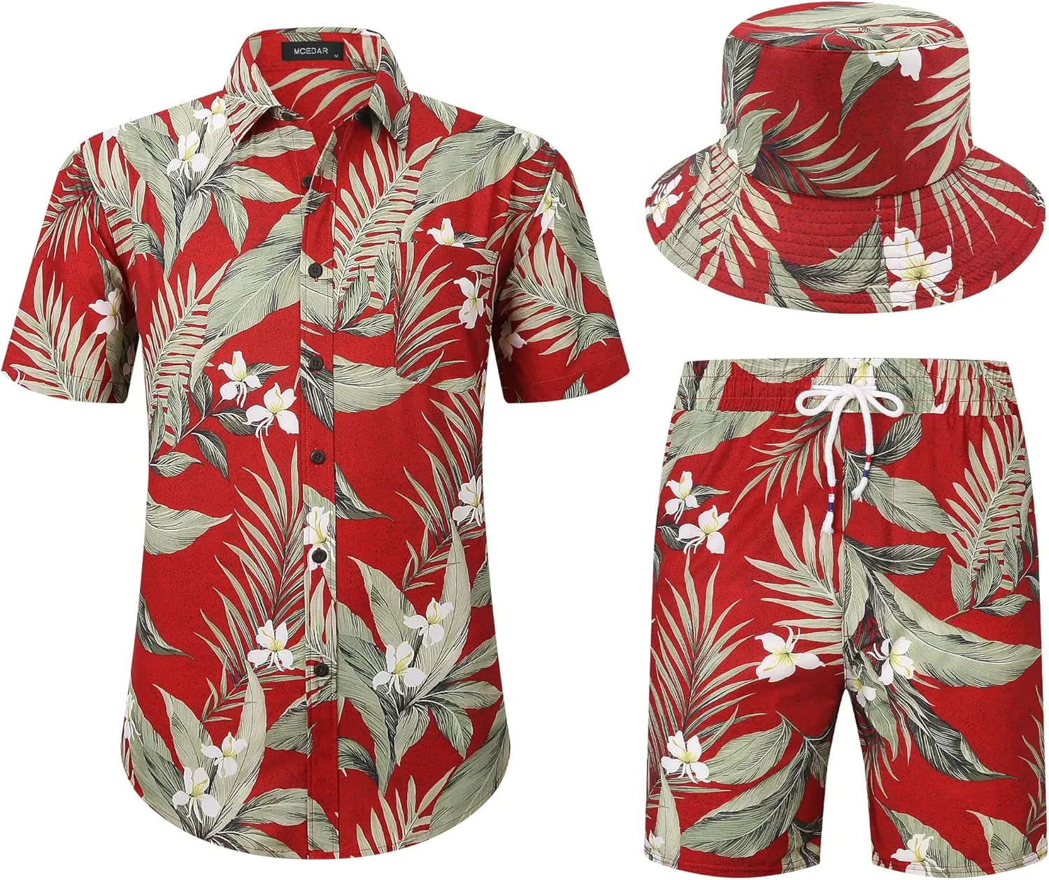 MCEDAR Men's Hawaiian Shirt and Short 2 Piece Vacation Outfits Sets Casual Button Down Beach Floral Suits with Bucket Hats