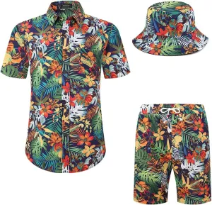 MCEDAR Men's Hawaiian Shirt and Short 2 Piece Vacation Outfits Sets Casual Button Down Beach Floral Suits with Bucket Hats