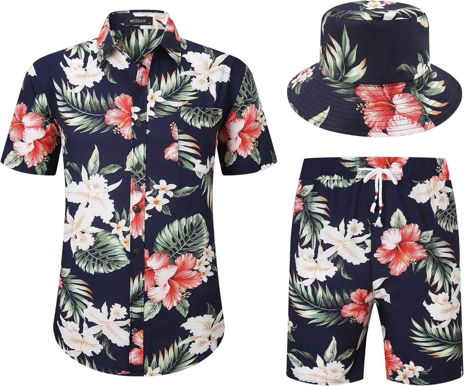 MCEDAR Men's Hawaiian Shirt and Short 2 Piece Vacation Outfits Sets Casual Button Down Beach Floral Suits with Bucket Hats