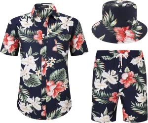 MCEDAR Men's Hawaiian Shirt and Short 2 Piece Vacation Outfits Sets Casual Button Down Beach Floral Suits with Bucket Hats