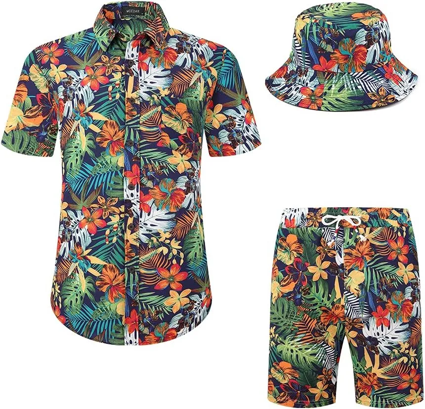 MCEDAR Men's Hawaiian Shirt and Short 2 Piece Vacation Outfits Sets Casual Button Down Beach Floral Suits with Bucket Hats