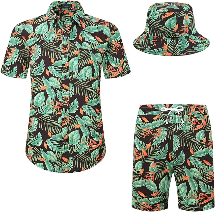 MCEDAR Men's Hawaiian Shirt and Short 2 Piece Vacation Outfits Sets Casual Button Down Beach Floral Suits with Bucket Hats