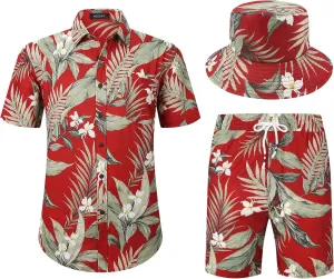 MCEDAR Men's Hawaiian Shirt and Short 2 Piece Vacation Outfits Sets Casual Button Down Beach Floral Suits with Bucket Hats