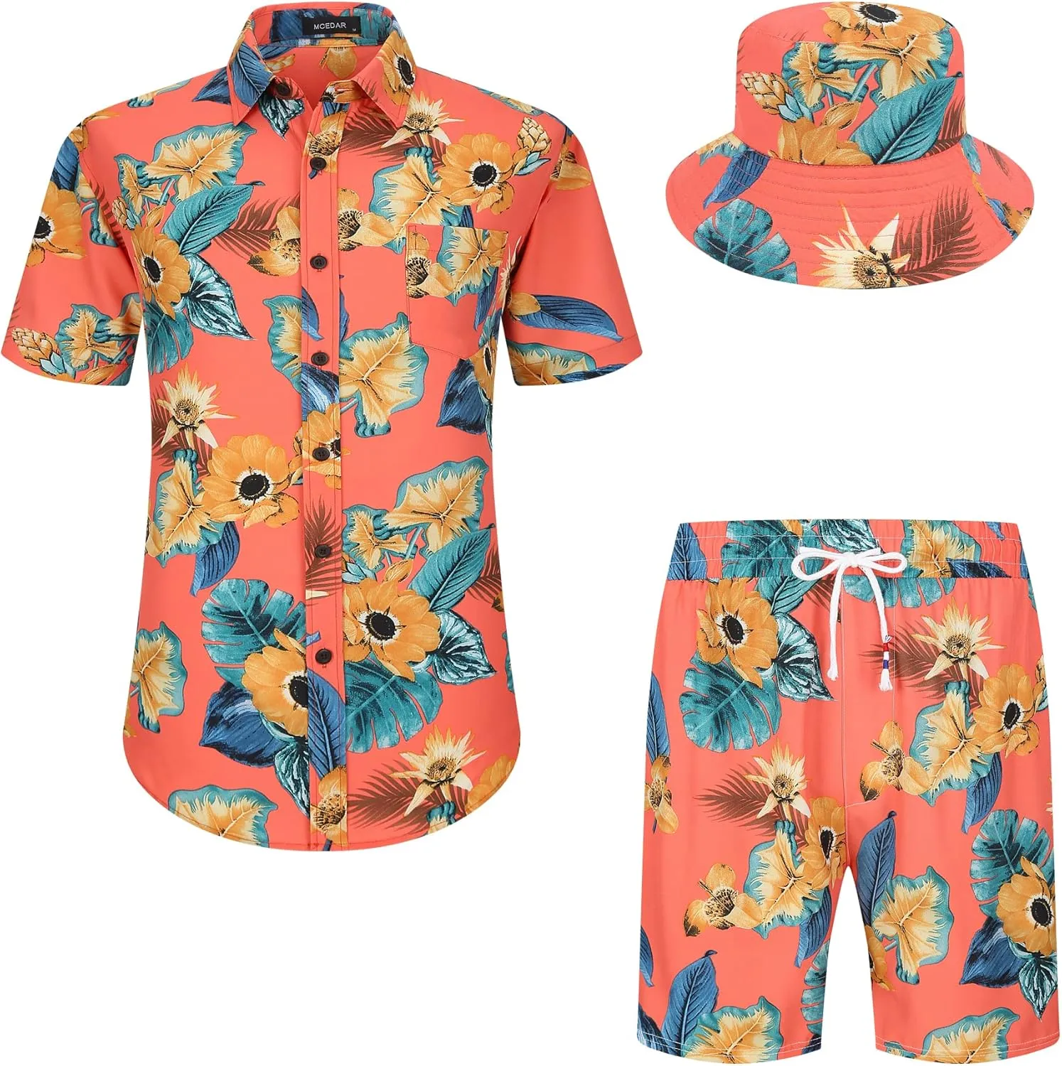 MCEDAR Men's Hawaiian Shirt and Short 2 Piece Vacation Outfits Sets Casual Button Down Beach Floral Suits with Bucket Hats