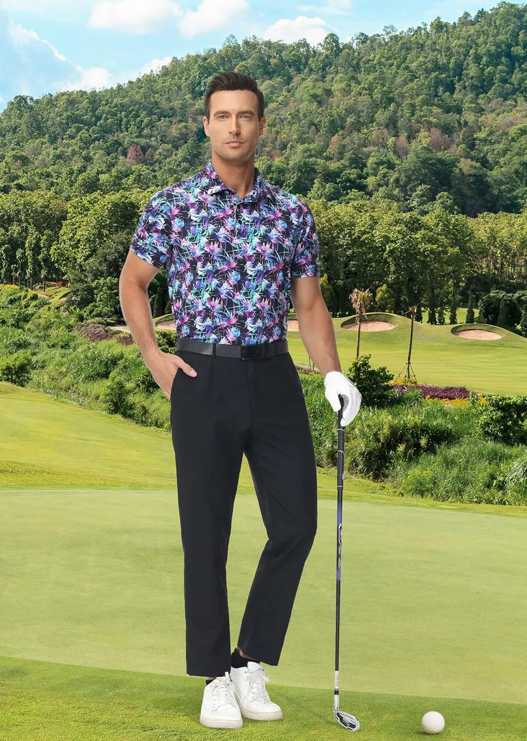 Men's Golf Polo Shirts Dry Fit Short Sleeve Print Performance Collared Polo Shirts