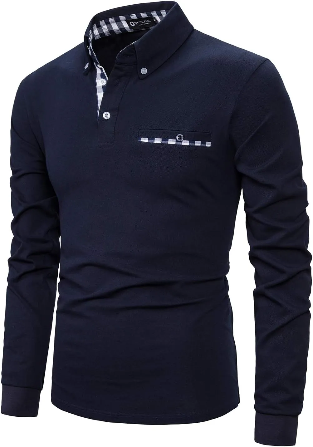 Men's Long Sleeve Polo Shirts Casual Fit Plaid Collar Cotton Golf T-Shirts