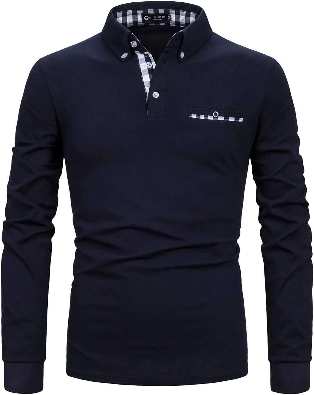 Men's Long Sleeve Polo Shirts Casual Fit Plaid Collar Cotton Golf T-Shirts