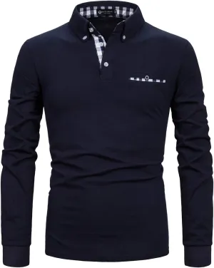Men's Long Sleeve Polo Shirts Casual Fit Plaid Collar Cotton Golf T-Shirts
