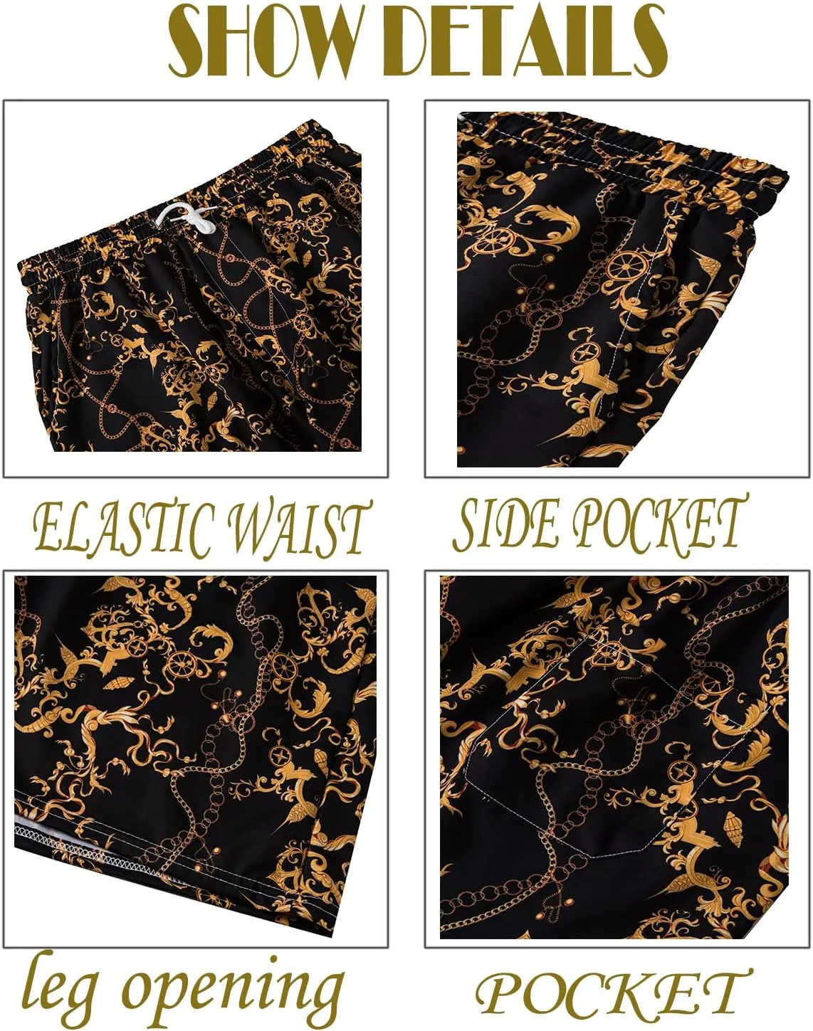 Mens Luxury Outfit Set Black Gold Shirts And Shorts 2 Piece Tracksuit Set Baroque Button Down Suit with Bucket Hats