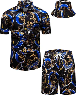 Mens Luxury Outfit Set Black Gold Shirts And Shorts 2 Piece Tracksuit Set Baroque Button Down Suit with Bucket Hats