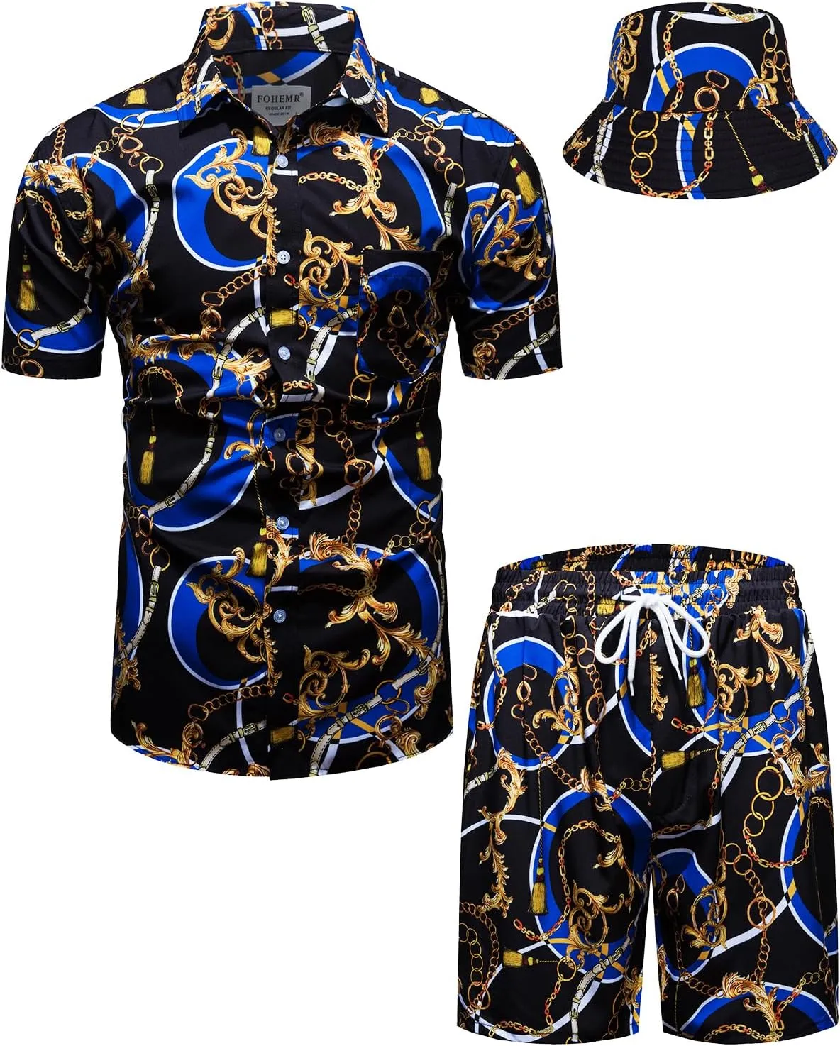 Mens Luxury Outfit Set Black Gold Shirts And Shorts 2 Piece Tracksuit Set Baroque Button Down Suit with Bucket Hats