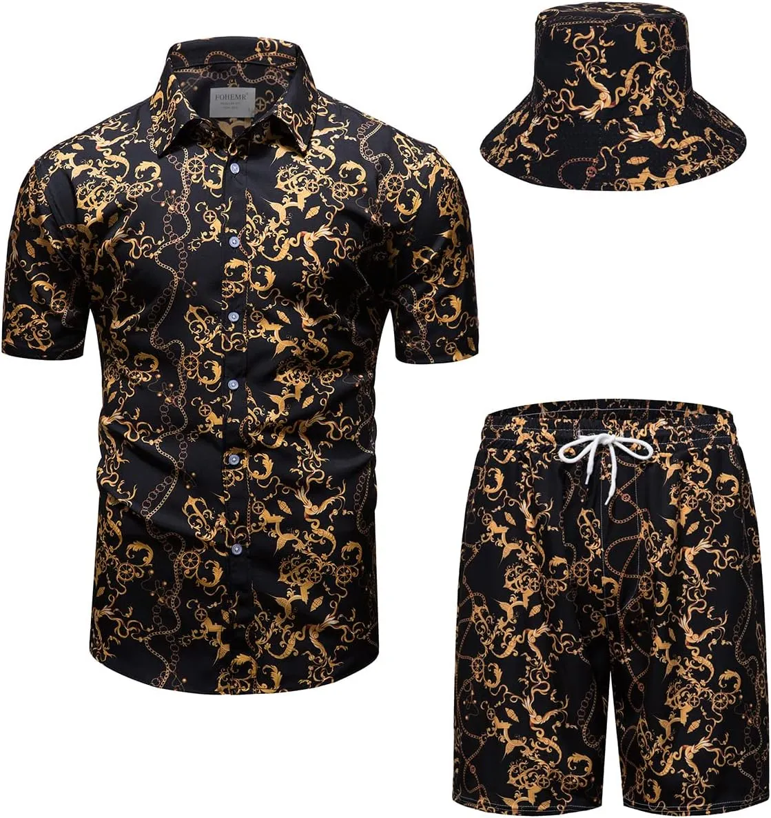 Mens Luxury Outfit Set Black Gold Shirts And Shorts 2 Piece Tracksuit Set Baroque Button Down Suit with Bucket Hats