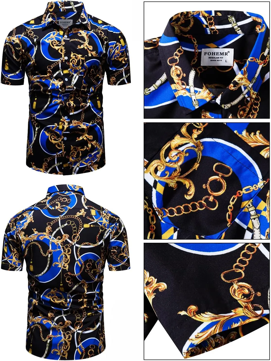 Mens Luxury Outfit Set Black Gold Shirts And Shorts 2 Piece Tracksuit Set Baroque Button Down Suit with Bucket Hats