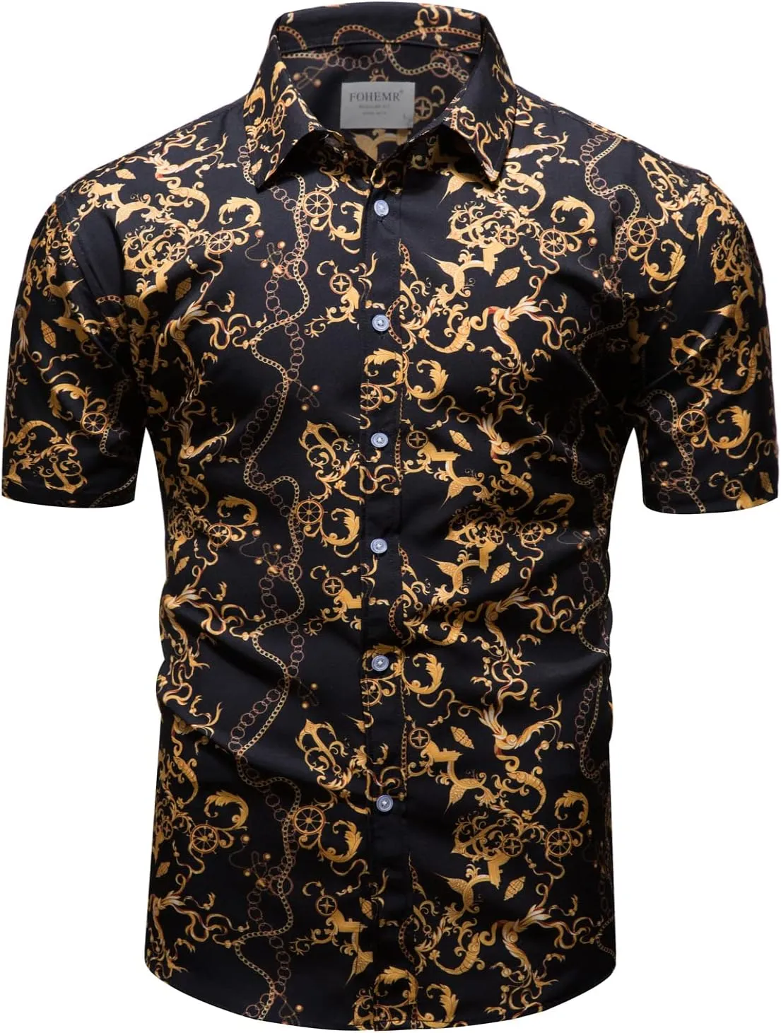 Mens Luxury Outfit Set Black Gold Shirts And Shorts 2 Piece Tracksuit Set Baroque Button Down Suit with Bucket Hats