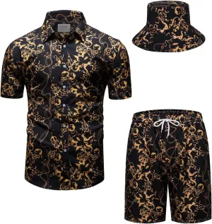 Mens Luxury Outfit Set Black Gold Shirts And Shorts 2 Piece Tracksuit Set Baroque Button Down Suit with Bucket Hats