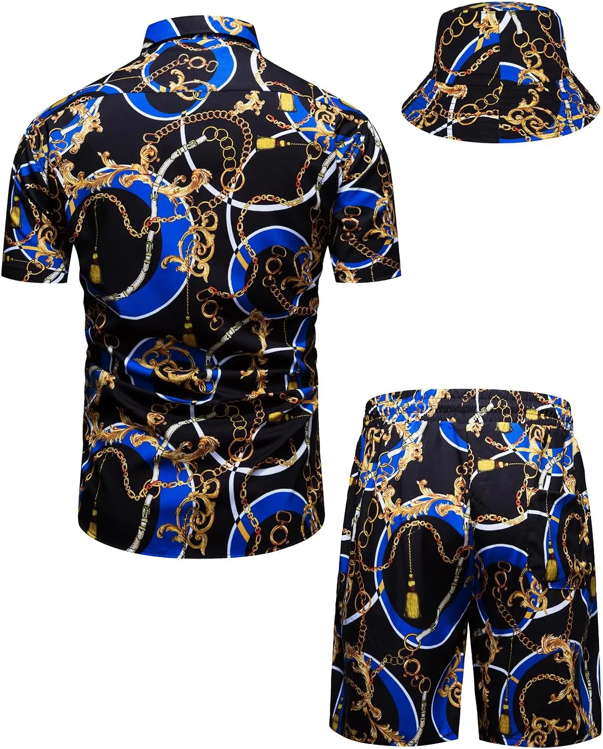 Mens Luxury Outfit Set Black Gold Shirts And Shorts 2 Piece Tracksuit Set Baroque Button Down Suit with Bucket Hats