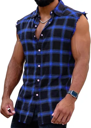 Men's Sleeveless Flannel Plaid Shirts Casual Button Down Cowboy Vest Shirts
