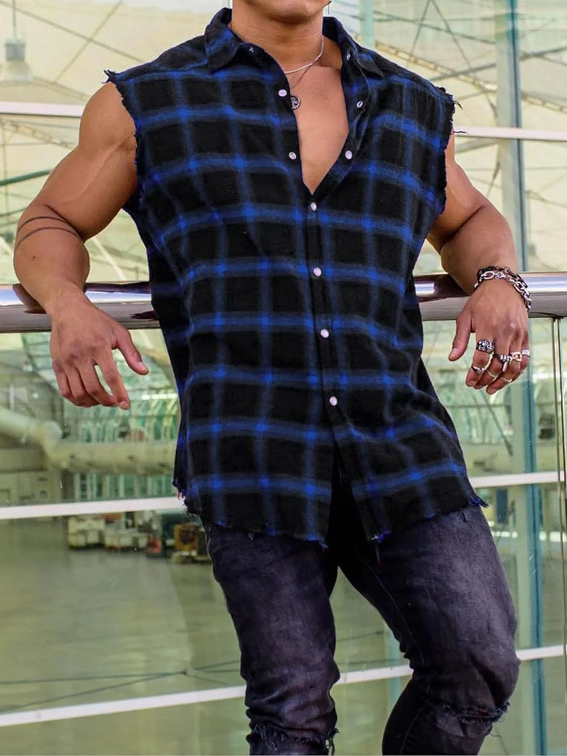 Men's Sleeveless Flannel Plaid Shirts Casual Button Down Cowboy Vest Shirts