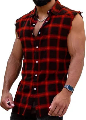 Men's Sleeveless Flannel Plaid Shirts Casual Button Down Cowboy Vest Shirts